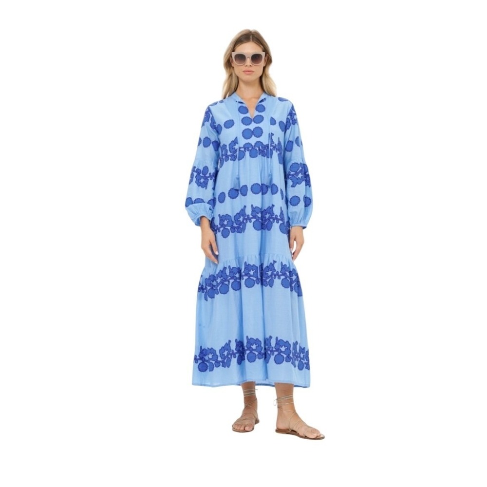 Oliphant Blue Embroidered Floral Applique Puff Sleeve Maxi Dress Medium - Picture 16 of 16